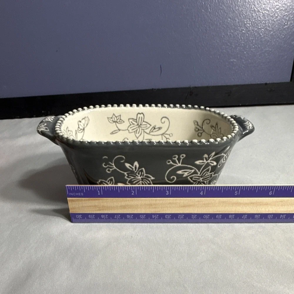 Temptations Floral Lace Ceramic Loaf Pan Gray/White 12 oz Oven Safe 450°F